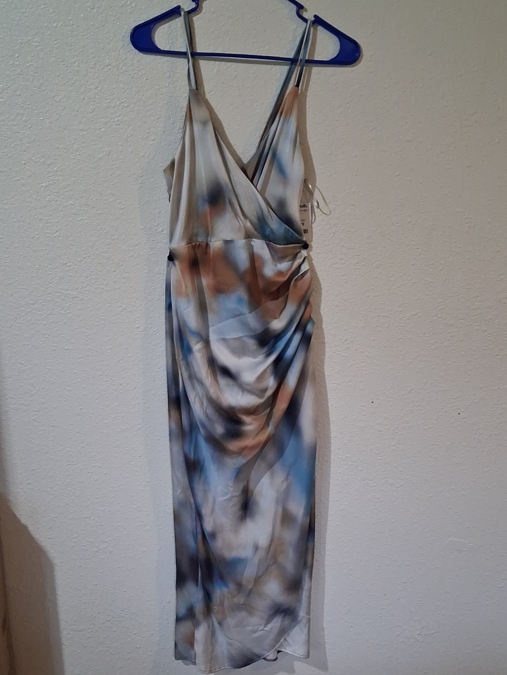 Zara Watercolor Wrap Midi Dress in Blue and Tan